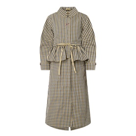 Damson Madder navy gingham cotton-blend shirt dress coat with puff sleeves, peplum waist, tie belt, and midi length.