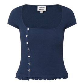 Damson Madder navy ribbed short-sleeve top with square neckline, button-front detail, and frill hem trim.
