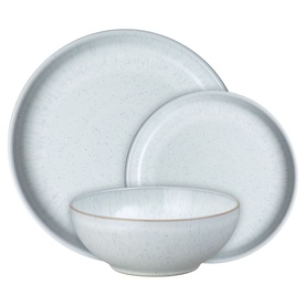 Denby White Speckle Tableware 12-Piece Set in white speckled stoneware, showing dinner plate, medium plate, and cereal bowl