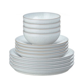 Denby White Speckle 12-Piece Tableware Set; stacked white speckle stoneware including 4 dinner plates, 4 medium plates, 4 cereal bowls