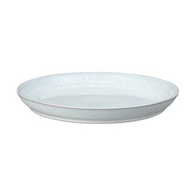 Denby White Speckle stoneware dinner plate from 12-piece set, white with subtle speckled texture and raised rim.