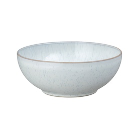 Denby White Speckle stoneware cereal bowl, white with subtle speckled texture and warm brown rim detail.