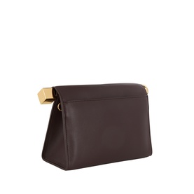 Jacquemus midnight brown leather clutch bag with gold-tone rectangular hardware clasp and short top handle, side angle view