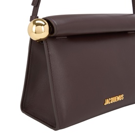 Jacquemus midnight brown leather clutch with gold ball-clasp closure and gold logo lettering, structured angular silhouette
