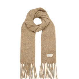 Jacquemus taupe wool scarf with long fringe trim, crafted from mohair, alpaca and virgin wool blend