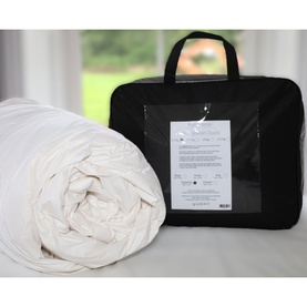 Karla Bree Hungarian Duck Down Duvet 4.5 Tog, rolled in white, shown beside black zip carry bag with label