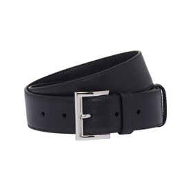 Prada Accessories black leather belt with silver-tone square buckle, coiled to display full length and punched holes.