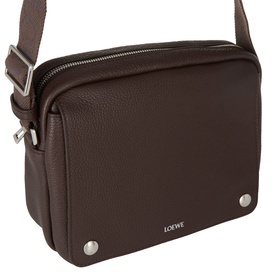 Loewe Pebble Logo Messenger Bag in chocolate grained leather, silver-tone hardware and studs, adjustable webbing strap, front zip pocket