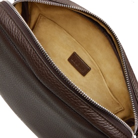 Loewe Pebble Logo Messenger Bag in chocolate grained calf leather, open top zip showing tan interior lining and embossed logo patch, silver-tone