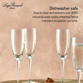 Luigi Bormioli Michelangelo Masterpiece Flute Glasses set of four, clear crystal champagne flutes, dishwasher safe, styled with bubbling champagne