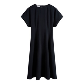 Hobbs blue short-sleeve midi dress with round neck, A-line skirt and subtle structured shoulders, flat lay view