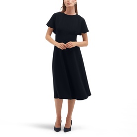 Model wearing Hobbs blue midi dress with flutter short sleeves and flared A-line skirt, styled with navy heels