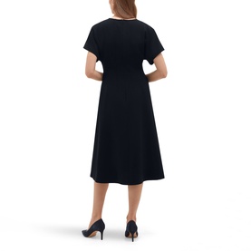 Model wearing Hobbs blue midi dress with short sleeves and A-line skirt, shown from behind, styled with black heels