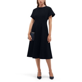 Model wearing Hobbs blue midi dress with short flutter sleeves and full A-line skirt, styled with navy heels and clutch bag