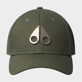 Moose Knuckles green baseball cap with signature silver metal logo hardware on front panel