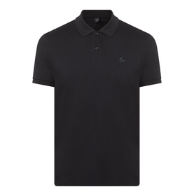 Moose Knuckles black cotton polo shirt with ribbed collar, two-button placket, and tonal logo embroidery on chest