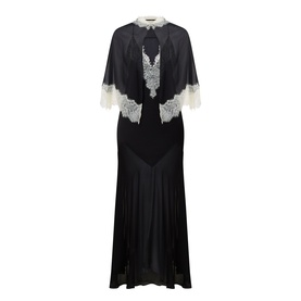 Munthe Cielo Cape Dress in black with detachable ivory lace-trim cape, V-neckline, slim straps, and midi-length slip dress silhouette.