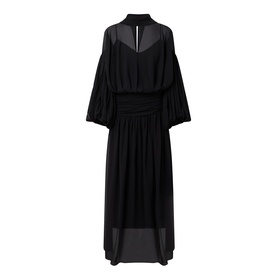 Munthe Solana Pussy-Bow Gown Dress in black with puff sleeves, gathered waist, sheer panels, and maxi-length pleated skirt
