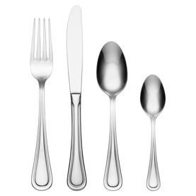 Oneida stainless steel cutlery set featuring fork, knife, dessert spoon, and teaspoon with beaded edge handles