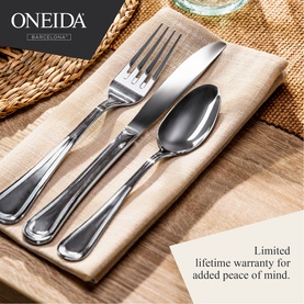 Oneida Barcelona stainless steel cutlery set with fork, knife and spoon on linen napkin, with lifetime warranty text