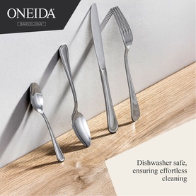 Oneida Barcelona stainless steel cutlery set with spoon, knife, and fork displayed against a light background