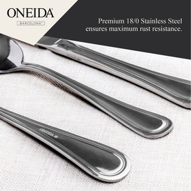Oneida Barcelona stainless steel cutlery set, showing polished knife, fork and spoon with sleek handles and mirror finish