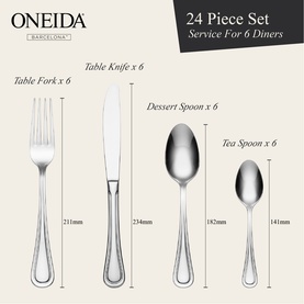 Oneida Barcelona 24-piece stainless steel cutlery set for 6, showing table forks, knives, dessert and tea spoons with measurements
