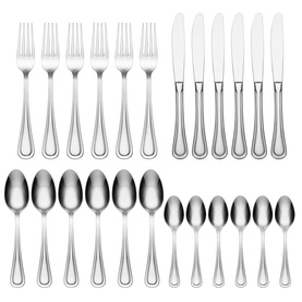 Oneida Stainless Cutlery Set with forks, knives, and spoons arranged in rows, featuring beaded-edge handles in polished silver tone