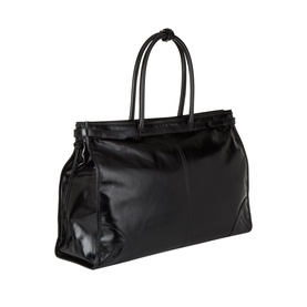 Prada black nylon and leather tote bag with dual rolled top handles and structured silhouette, side angle view