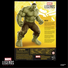 Marvel Legends Series Hulk action figure packaging, yellow and green design showing large green Hulk character illustration on back of box
