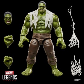 Marvel Legends Series Hulk action figure in green and brown, shown with interchangeable heads, fists, and web accessory parts