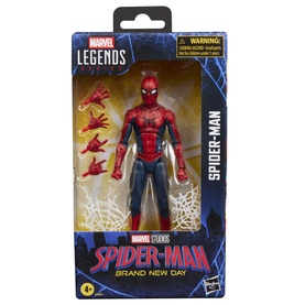 Marvel Legends Spider-Man: Brand New Day action figure in red and blue suit, boxed, with multiple interchangeable hands included
