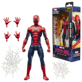 Marvel Legends Spider-Man action figure in red and blue suit, with interchangeable hands and web accessories, shown with packaging box