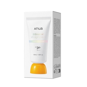 Anua Mineral Probiome SPF50 sunscreen tube with orange cap, shown beside its white and orange branded outer box, 50ml
