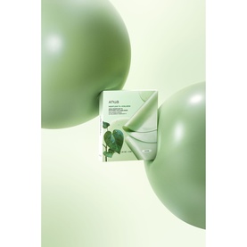 Anua Firm/Tone treatment sheet mask box in sage green packaging, styled with matching green balloons and botanicals.