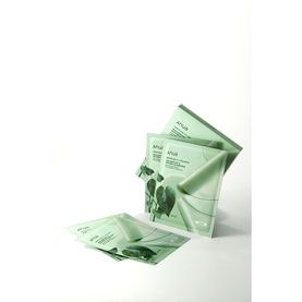 Anua Firm/Tone treatment sheet masks displayed as a fanned-out set, featuring sage green packaging with botanical print