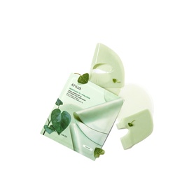 Anua Firm/Tone treatment sheet masks in mint-green packaging with botanical leaf print, shown with two unfolded gel masks