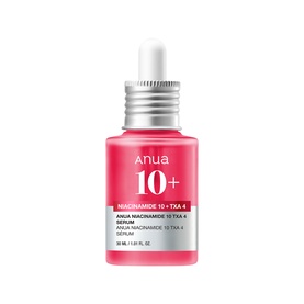 Anua Niacinamide 10 TXA 4 Serum in a pink glass dropper bottle with silver cap, 30ml