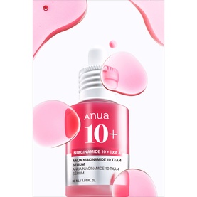 Anua Niacinamide 10 TXA 4 Serum dropper bottle with pink liquid drops on white background