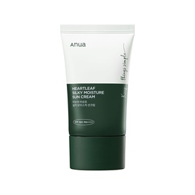 Anua Heartleaf Silky Moisture Sun Cream in white and green tube packaging with SPF protection