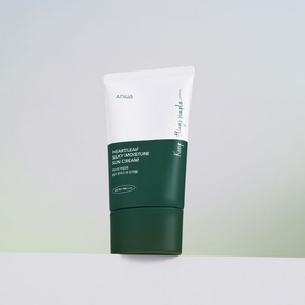 Anua Heartleaf Silky Moisture Sun Cream in white and dark green tube packaging, SPF formula