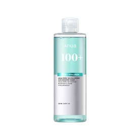 Anua 100+ Hyaluron Toner in large clear bottle with teal label, aqua liquid formula visible