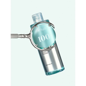 Anua toner in turquoise blue bottle with magnifying glass detail highlighting the number 100, silver cap