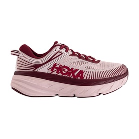 Hoka Bondi 7 running trainer in pale pink and deep burgundy with mesh upper and thick white midsole