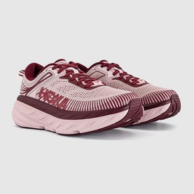Hoka Bondi 7 running trainers in blush pink and burgundy with thick cushioned sole and mesh upper