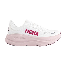 Hoka running trainer in white and pink opal, featuring bold pink logo, cushioned midsole, and lace-up fastening