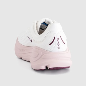 Hoka Bondi 9 trainer in white and pink opal, chunky pink midsole, burgundy heel detail, rear three-quarter view