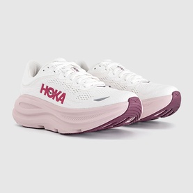 Hoka running trainers in white and pink opal, featuring chunky cushioned midsole, lace-up fastening and berry-toned outsole