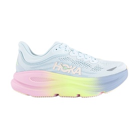 Hoka running trainer in Glimmering Blue Overcast, mesh upper with rainbow gradient midsole, thick cushioned white outer sole