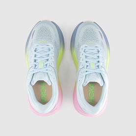 Hoka trainers in Glimmering Blue Overcast, overhead view, with neon yellow gradient, pink midsole, and green heel branding